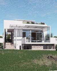 Fachada moderna de casa de playa en pendiente con piscina volada y terrazas en Playa Coral, Asia.