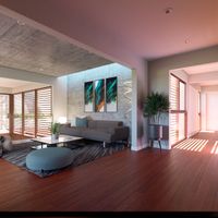 Estar contempor&aacute;neo integrado y di&aacute;fano, celos&iacute;as de madera y luz natural cenital