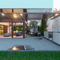 Patio moderno con áreas exteriores techadas, celosías y jardines de vivienda contemporánea