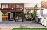 Patio moderno con &aacute;reas exteriores techadas, celos&iacute;as y jardines de vivienda contempor&aacute;nea