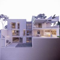 Maqueta digital BIM de casa contempor&aacute;nea con volumetr&iacute;a ortogonal, patios, piscina y jardines