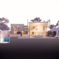 Maqueta digital BIM de casa contempor&aacute;nea con volumetr&iacute;a ortogonal, patios, piscina y jardines