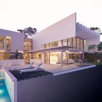 Maqueta digital BIM de casa contempor&aacute;nea con volumetr&iacute;a ortogonal, patios, piscina y jardines