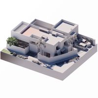 Maqueta digital BIM de vivienda unifamiliar contemporánea con volumetría ortogonal y patios interiores